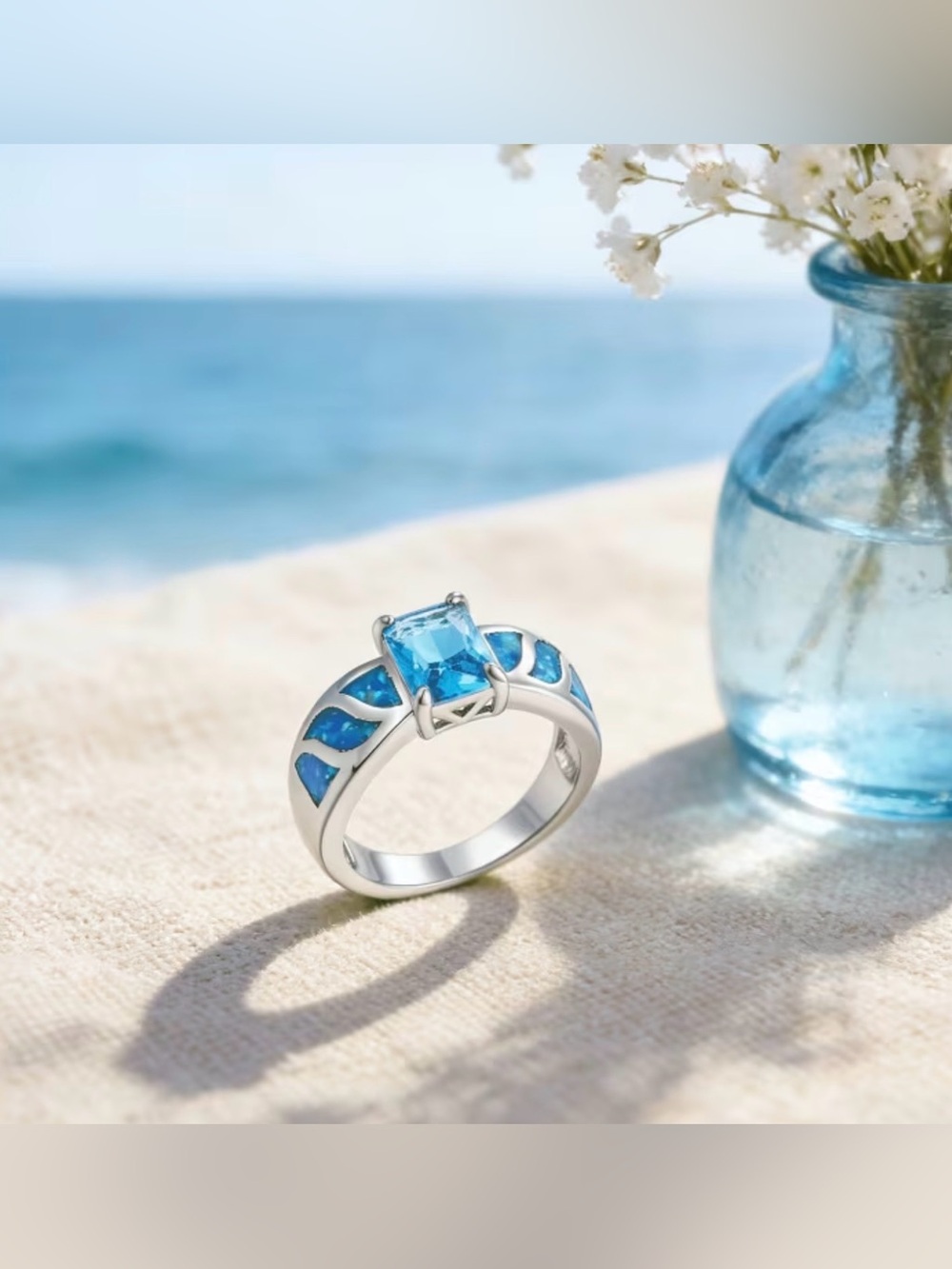 Blue CZ Square-Cut and Blue Opal Ring - Picture 12 of 13